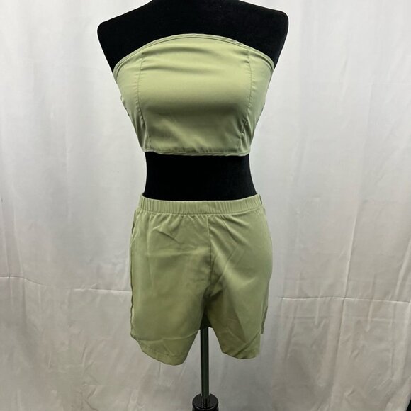 Shein Womens 3 Piece Outfit Set Green 3/4 Sleeve Open Front Smocked Satin XS - Picture 8 of 10